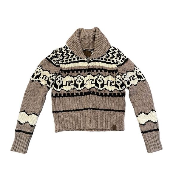 TNA Cardigan Cowichan Wool Chunky Knit Brown Cream Black Sweater Women's XXS Zip - Picture 1 of 9